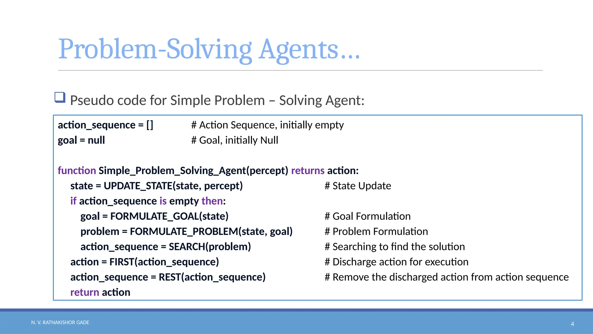 N. V. RATNAKISHOR GADE 4
Problem-Solving Agents…
 Pseudo code for Simple Problem – Solving Agent:
action_sequence = [] # Action Sequence, initially empty
goal = null # Goal, initially Null
function Simple_Problem_Solving_Agent(percept) returns action:
state = UPDATE_STATE(state, percept) # State Update
if action_sequence is empty then:
goal = FORMULATE_GOAL(state) # Goal Formulation
problem = FORMULATE_PROBLEM(state, goal) # Problem Formulation
action_sequence = SEARCH(problem) # Searching to find the solution
action = FIRST(action_sequence) # Discharge action for execution
action_sequence = REST(action_sequence) # Remove the discharged action from action sequence
return action
 