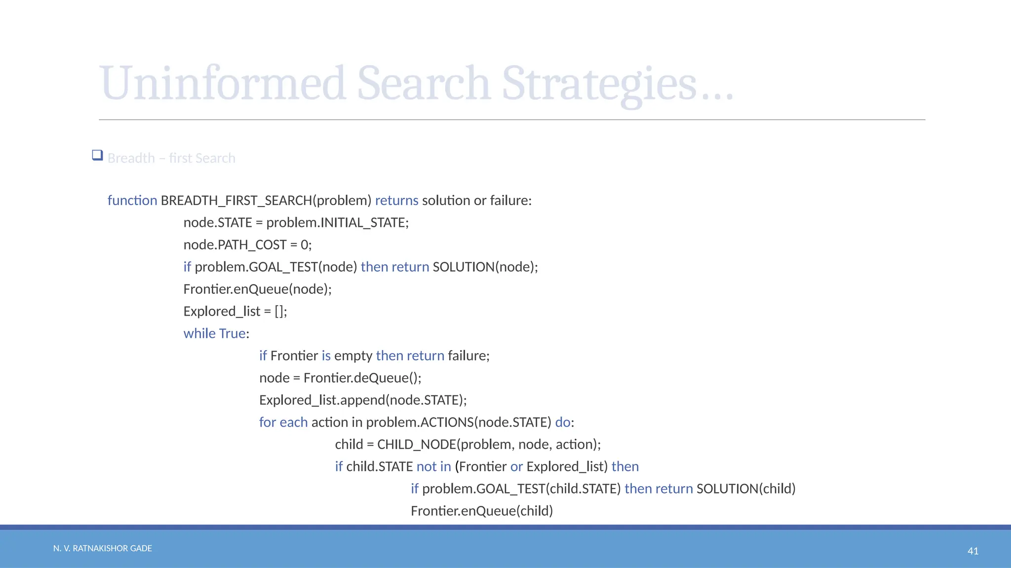 N. V. RATNAKISHOR GADE 41
Uninformed Search Strategies…
 Breadth – first Search
function BREADTH_FIRST_SEARCH(problem) returns solution or failure:
node.STATE = problem.INITIAL_STATE;
node.PATH_COST = 0;
if problem.GOAL_TEST(node) then return SOLUTION(node);
Frontier.enQueue(node);
Explored_list = [];
while True:
if Frontier is empty then return failure;
node = Frontier.deQueue();
Explored_list.append(node.STATE);
for each action in problem.ACTIONS(node.STATE) do:
child = CHILD_NODE(problem, node, action);
if child.STATE not in (Frontier or Explored_list) then
if problem.GOAL_TEST(child.STATE) then return SOLUTION(child)
Frontier.enQueue(child)
 