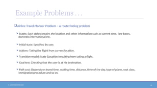 N. V. RATNAKISHOR GADE 19
Example Problems . . .
Airline Travel Planner Problem – A route finding problem
States: Each state contains the location and other information such as current time, fare bases,
domestic/international etc.
Initial state: Specified by user.
Actions: Taking the flight from current location.
Transition model: State (Location) resulting from taking a flight.
Goal test: Checking that the user is at his destination.
Path cost: Depends on travel time, waiting time, distance, time of the day, type of plane, seat class,
immigration procedure and so on.
 