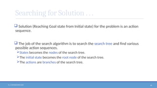 N. V. RATNAKISHOR GADE 24
Searching for Solution . . .
 Solution (Reaching Goal state from Initial state) for the problem is an action
sequence.
 The job of the search algorithm is to search the search tree and find various
possible action sequences.
States becomes the nodes of the search tree.
The initial state becomes the root node of the search tree.
The actions are branches of the search tree.
 