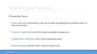 N. V. RATNAKISHOR GADE 25
Searching for Solution . . .
 Some Key Terms
 State Expansion: Generating a new set of states by applying each possible action to
the current state.
 Frontier / Open list: Set of all the states available for expansion.
 Explored list / Closed list: Set of all the expanded states.
 Search Strategy: Decides which state to expand next.
 