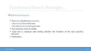N. V. RATNAKISHOR GADE 55
Uninformed Search Strategies…
 Bidirectional Search
 Runs two simultaneous searches
oOne forward from initial state
oThe other backward from goal state.
 Two searches meet at middle.
 Goal test is replaced with testing whether the frontiers of the two searches
intersect.
 Motivation:
 
