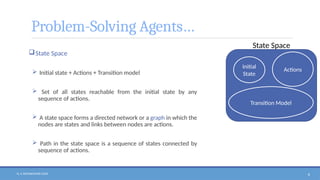 N. V. RATNAKISHOR GADE 8
Problem-Solving Agents…
State Space
 Initial state + Actions + Transition model
 Set of all states reachable from the initial state by any
sequence of actions.
 A state space forms a directed network or a graph in which the
nodes are states and links between nodes are actions.
 Path in the state space is a sequence of states connected by
sequence of actions.
State Space
Initial
State
Actions
Transition Model
 