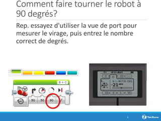 Comment faire tourner le robot à
90 degrés?
Rep. essayez d'utiliser la vue de port pour
mesurer le virage, puis entrez le nombre
correct de degrés.
6
 