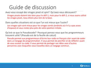 Guide de discussion
Avez-vous essayé des virages pivot et spin? Qu'avez-vous découvert?
Virages pivots étaient très bien pour le défi 1, mais pour le défi 2, si nous avons utilisé
les virages pivot, nous étions plus loin de la base.
Dans quelles situations est ce que l’un est mieux que l'autre?
Les virages spin sont mieux pour les virages serrés (endroits où il n'y a pas assez
d'espace) et vous restez plus près de votre position initiale.
Qu'est-ce que le Pseudocode? Pourquoi pensez-vous que les programmeurs
trouvent utile? (Pseudo est de la feuille de calcul)
Pseudo permet aux programmeurs d'écrire leur code en français clair avant de coder
dans un langage de programmation. Il vous permet de planifier et de réfléchir avant
de vous asseoir au code. Il vous permet de partager vos idées avec d'autres
personnes avec lesquelles vous travaillez dans un langage commun.
9
 