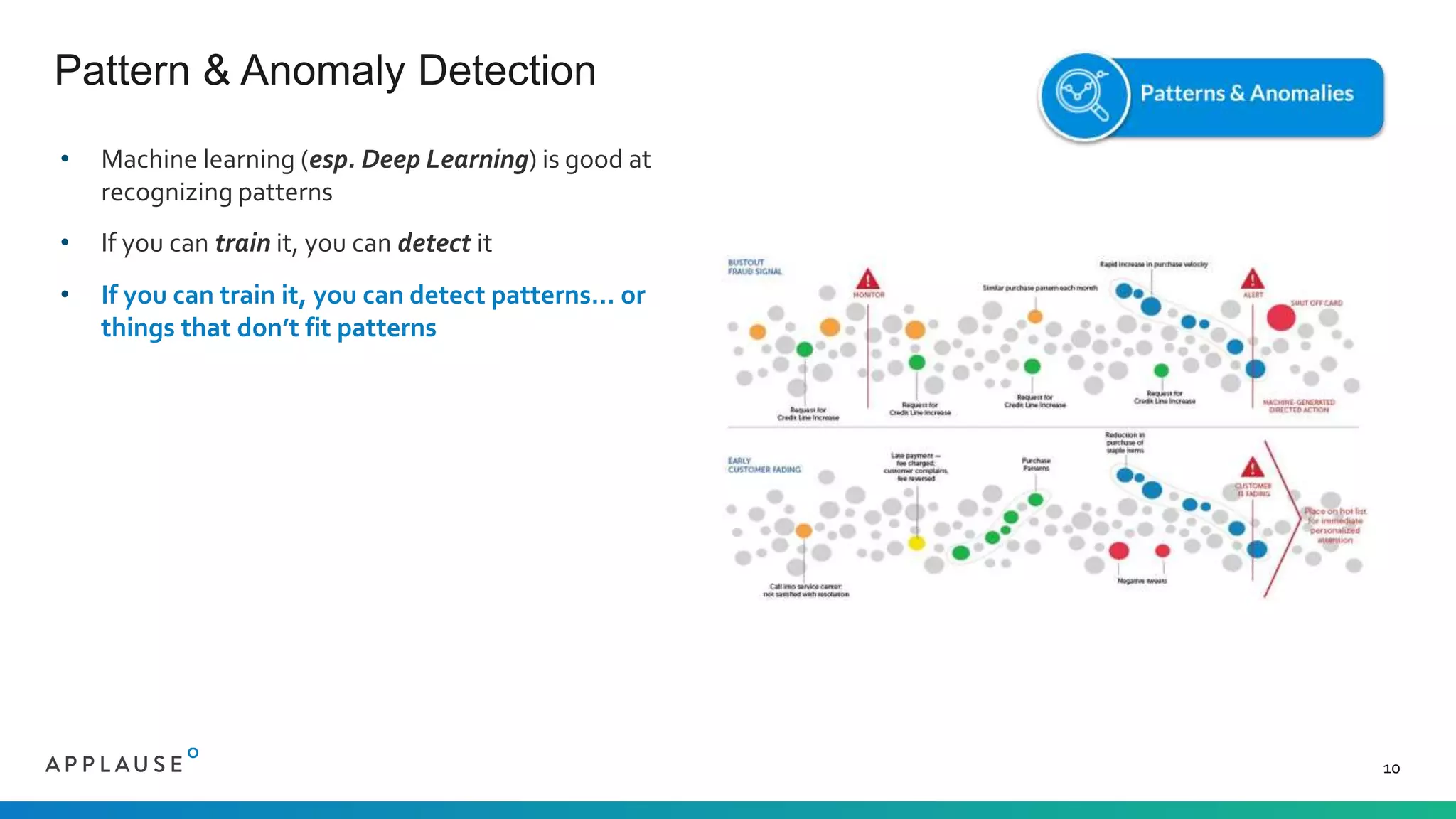 • Machine learning (esp. Deep Learning) is good at
recognizing patterns
• If you can train it, you can detect it
• If you can train it, you can detect patterns… or
things that don’t fit patterns
Pattern & Anomaly Detection
10
 