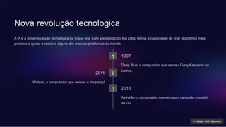 Nova revolução tecnologica
A IA é a nova revolução tecnológica da nossa era. Com a explosão do Big Data, temos a capacidade de criar algoritmos mais
precisos e ajudar a resolver alguns dos maiores problemas do mundo.
1 1997
Deep Blue, o computador que venceu Garry Kasparov no
xadrez.
2
2011
Watson, o computador que venceu o Jeopardy!
3 2016
AlphaGo, o computador que venceu o campeão mundial
de Go.
 