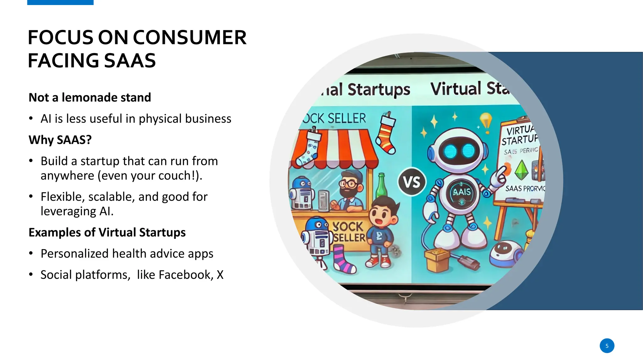 FOCUS ON CONSUMER
FACING SAAS
Not a lemonade stand
• AI is less useful in physical business
Why SAAS?
• Build a startup that can run from
anywhere (even your couch!).
• Flexible, scalable, and good for
leveraging AI.
Examples of Virtual Startups
• Personalized health advice apps
• Social platforms, like Facebook, X
5
 