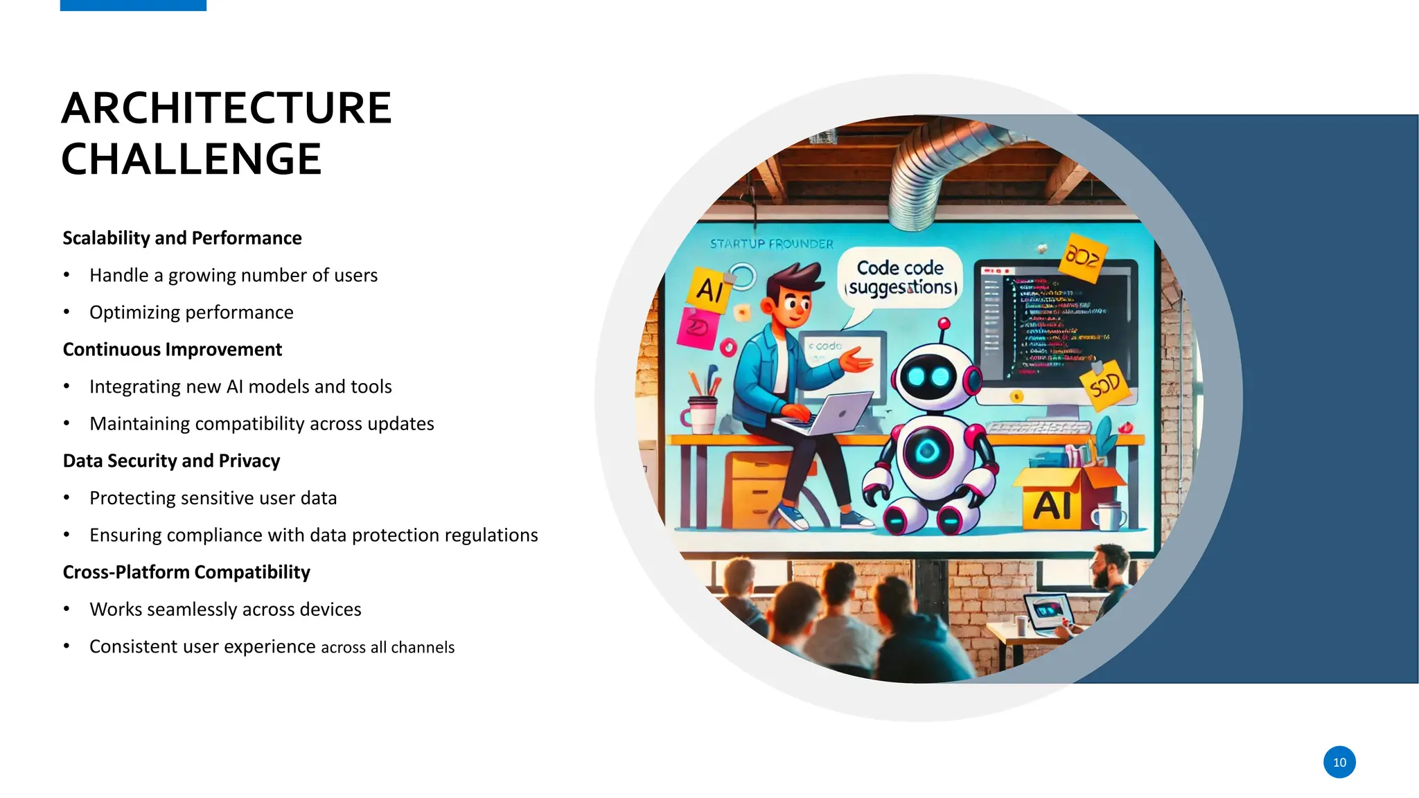 ARCHITECTURE
CHALLENGE
Scalability and Performance
• Handle a growing number of users
• Optimizing performance
Continuous Improvement
• Integrating new AI models and tools
• Maintaining compatibility across updates
Data Security and Privacy
• Protecting sensitive user data
• Ensuring compliance with data protection regulations
Cross-Platform Compatibility
• Works seamlessly across devices
• Consistent user experience across all channels
10
 