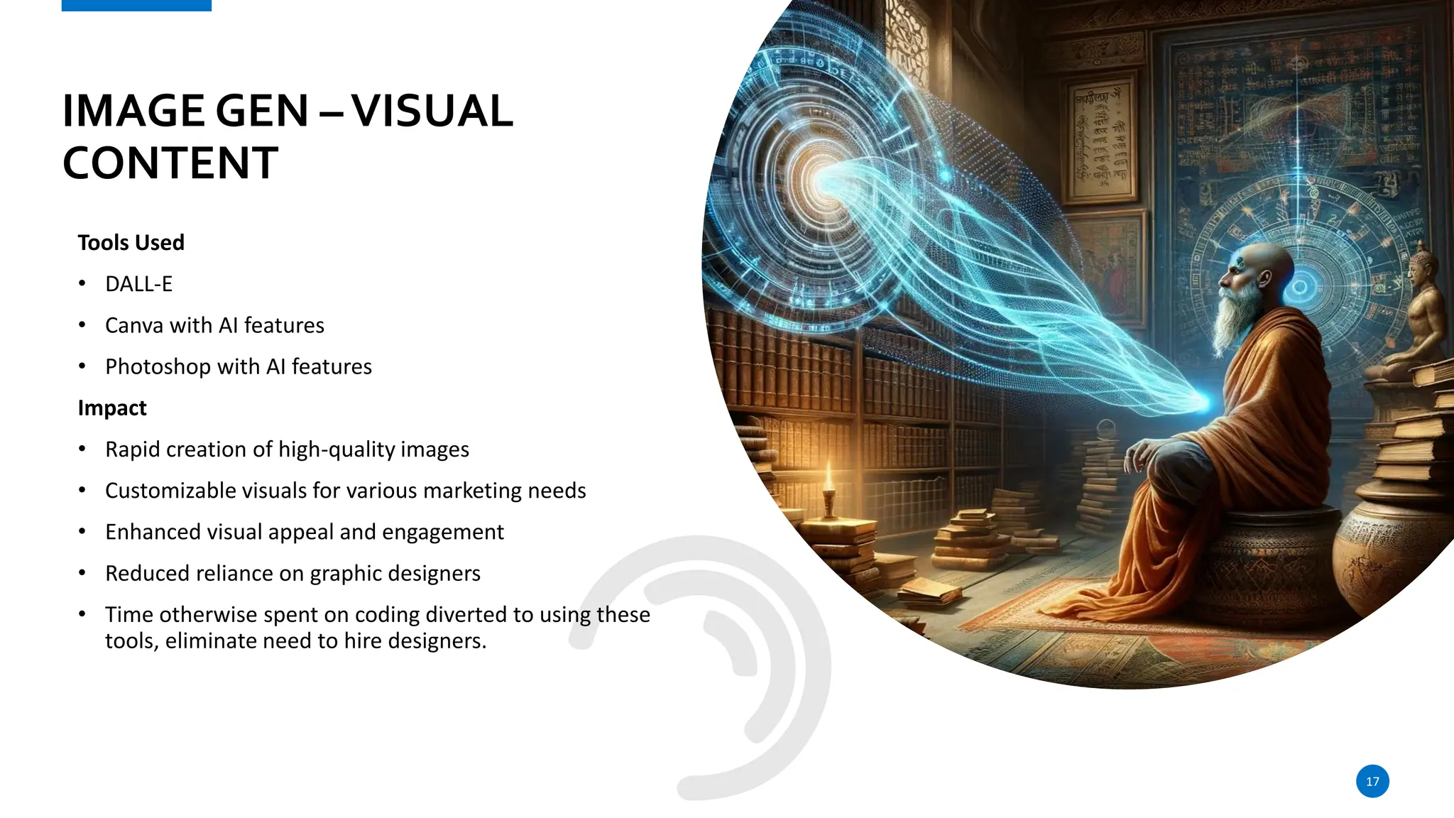 IMAGE GEN –VISUAL
CONTENT
Tools Used
• DALL-E
• Canva with AI features
• Photoshop with AI features
Impact
• Rapid creation of high-quality images
• Customizable visuals for various marketing needs
• Enhanced visual appeal and engagement
• Reduced reliance on graphic designers
• Time otherwise spent on coding diverted to using these
tools, eliminate need to hire designers.
17
 