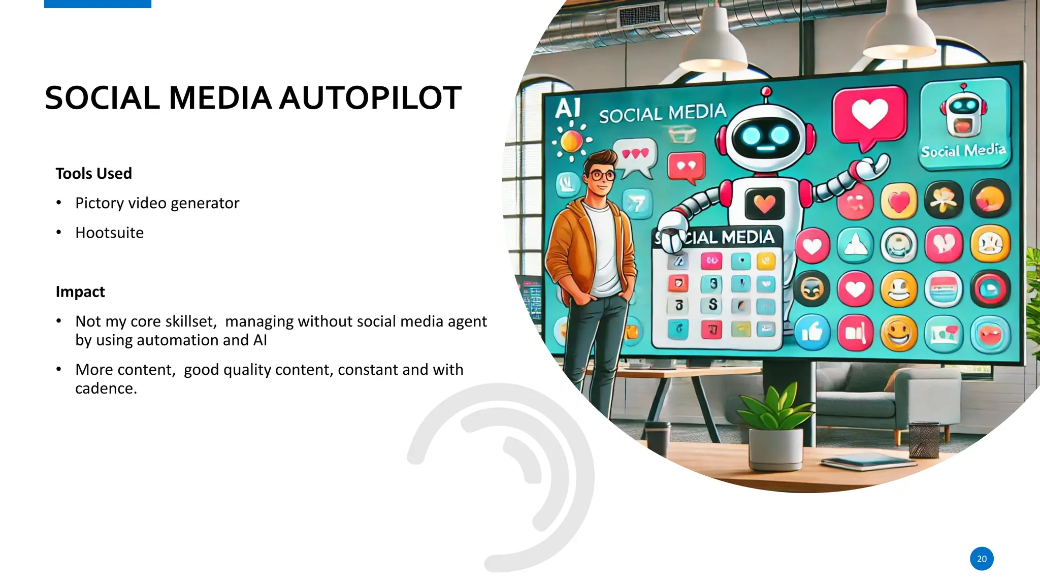 SOCIAL MEDIA AUTOPILOT
Tools Used
• Pictory video generator
• Hootsuite
Impact
• Not my core skillset, managing without social media agent
by using automation and AI
• More content, good quality content, constant and with
cadence.
20
 