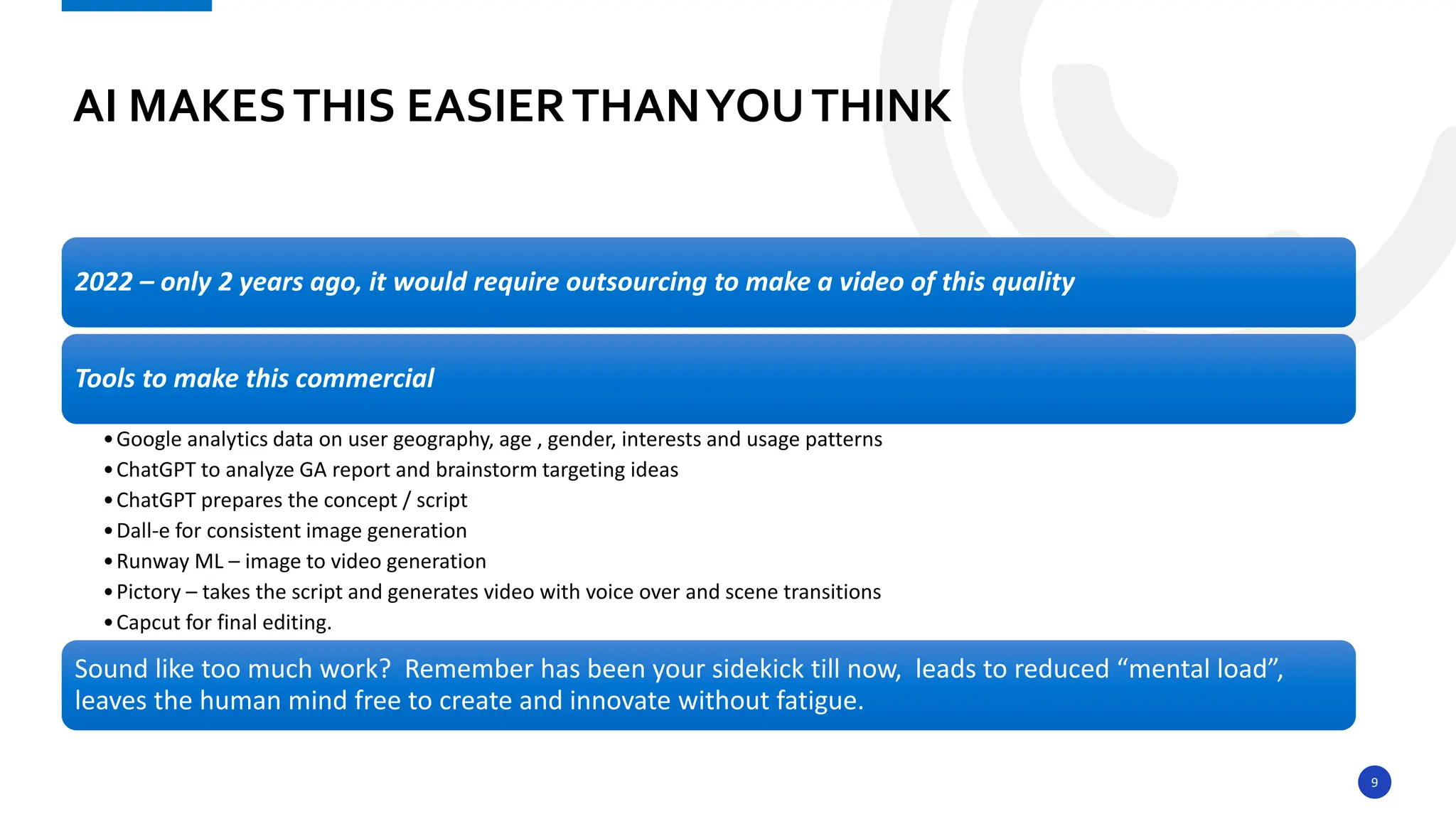 9
AI MAKESTHIS EASIERTHANYOUTHINK
2022 – only 2 years ago, it would require outsourcing to make a video of this quality
Tools to make this commercial
•Google analytics data on user geography, age , gender, interests and usage patterns
•ChatGPT to analyze GA report and brainstorm targeting ideas
•ChatGPT prepares the concept / script
•Dall-e for consistent image generation
•Runway ML – image to video generation
•Pictory – takes the script and generates video with voice over and scene transitions
•Capcut for final editing.
Sound like too much work? Remember has been your sidekick till now, leads to reduced “mental load”,
leaves the human mind free to create and innovate without fatigue.
 