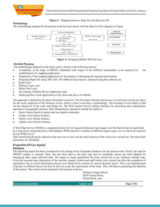International Journal Of Computational Engineering Research (ijceronline.com) Vol. 2 Issue.4



                                 Figure 3: Mapping between shape file and data base file
Methodology
The methodology adopted for the present work has been shown with the help of a flow diagram in Figure.




                                           Figure 4: Designing Mobile Web Services
 Detailed Planning
 The methodology adopted for the thesis work is based on the following factors:
    Availability of the maps of MNNIT Allahabad with respect to the different functionality to be analyzed for                the
     establishment of a mapping application.
    Preparation of the mapping application for the purpose of designing the required functionality.
    Preparing Shape file using ARC GIS. The different layer that are prepared using this software are
a.   Road Layer,
b.   Railway Layer, and
c.   Mnnit Poly Layer.
    Developing a Mobile Device Application and,
    Deploying the overall application on the client side that is on Mobile.
The approach is defined by the above flowchart in section. This flowchart indicates the process of work been carried out. Basis
for the work comprises of the literature review which is done to develop a methodology. This literature review helps to find
out the objectives of the work and further far. The Web Feature Service defines interface for describing data manipulation
operations of geographic features. Data Manipulation operations include the ability to
     Query feature based on spatial and non spatial constraints.
     Create a new feature instance.
     Delete a new feature instance.
     Update a new feature instance.

A Web Map Service (WMS) is a standard protocol for serving georeferenced map images over the Internet that are generated
by a map server using data from a GIS database WMS specifies a number of different request types, two of which are required
by any WMS server:
After identifying the prime objectives the next was to carry out the detail analysis of the work to be carried out. The individual
parameters are identified.
Prepration Of Geo Spatial
Database
The following aspect has been considered for the design of the Geospatial databases for the present work: Firstly, the map for
MNNIT campus is scanned. Then, this has been used as the base map and its coordinate system has been adopted for
integrating other maps with this map. The image to image registration has been carried out to geo reference institute map.
From this scanned map, digitization of the institute campus, hostels and staff colony were carried out.After the completion of
registration, the on screen digitization process was followed for creation of various thematic layers. This is an important part
of project as different layers can then be derived as per the requirement of the study. This will help in populating the database
of the project. The various layers prepared in the present work are:-
                                                                     Institute Campus Block,
                                                                     Staff Colony Block,
                                                                     Hostel Block, and

Issn 2250-3005(online)                                          August| 2012                                   Page 1161
 