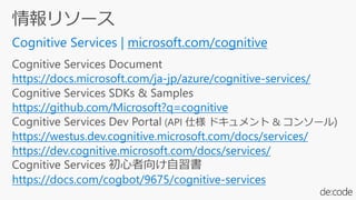 microsoft.com/cognitive
https://docs.microsoft.com/ja-jp/azure/cognitive-services/
https://github.com/Microsoft?q=cognitive
https://westus.dev.cognitive.microsoft.com/docs/services/
https://dev.cognitive.microsoft.com/docs/services/
https://docs.com/cogbot/9675/cognitive-services
 