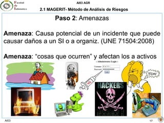 AI03 AGR
AI03 17
2.1 MAGERIT- Método de Análisis de Riesgos
Paso 2: Amenazas
Amenaza: Causa potencial de un incidente que puede
causar daños a un SI o a organiz. (UNE 71504:2008)
Amenaza: “cosas que ocurren” y afectan los a activos
 
