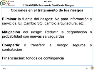 AI03 AGR
AI03 36
2.2 MAGERIT- Proceso de Gestión de Riesgos
Opciones en el tratamiento de los riesgos
Eliminar la fuente del riesgos: No para información y
servicios. Ej. Cambio SO, cambio arquitectura, etc.
Mitigación del riesgo: Reducir la degradación o
probabilidad con nuevas salvaguardas
Compartir o transferir el riesgo: seguros o
contratación
Financiación: fondos de contingencia
 
