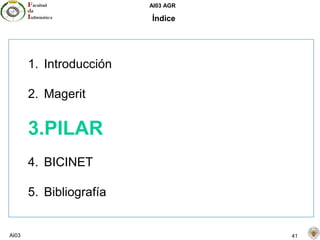 AI03 AGR
AI03 41
Índice
1. Introducción
2. Magerit
3.PILAR
4. BICINET
5. Bibliografía
 