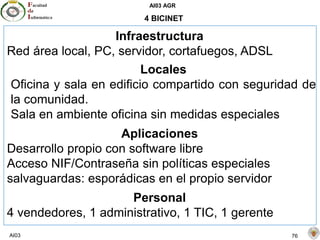 AI03 AGR
AI03 76
4 BICINET
Infraestructura
Red área local, PC, servidor, cortafuegos, ADSL
Locales
Oficina y sala en edificio compartido con seguridad de
la comunidad.
Sala en ambiente oficina sin medidas especiales
Aplicaciones
Desarrollo propio con software libre
Acceso NIF/Contraseña sin políticas especiales
salvaguardas: esporádicas en el propio servidor
Personal
4 vendedores, 1 administrativo, 1 TIC, 1 gerente
 