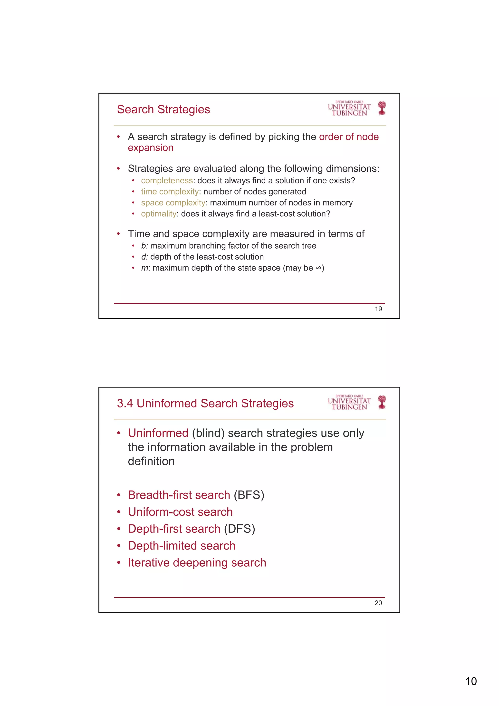 10
• A search strategy is defined by picking the order of node
expansion
• Strategies are evaluated along the following dimensions:
Search Strategies
• Strategies are evaluated along the following dimensions:
• completeness: does it always find a solution if one exists?
• time complexity: number of nodes generated
• space complexity: maximum number of nodes in memory
• optimality: does it always find a least-cost solution?
• Time and space complexity are measured in terms of
b i b hi f t f th h t• b: maximum branching factor of the search tree
• d: depth of the least-cost solution
• m: maximum depth of the state space (may be ∞)
19
• Uninformed (blind) search strategies use only
the information available in the problem
definition
3.4 Uninformed Search Strategies
definition
• Breadth-first search (BFS)
• Uniform-cost search
• Depth-first search (DFS)
• Depth-limited search
• Iterative deepening search
20
 