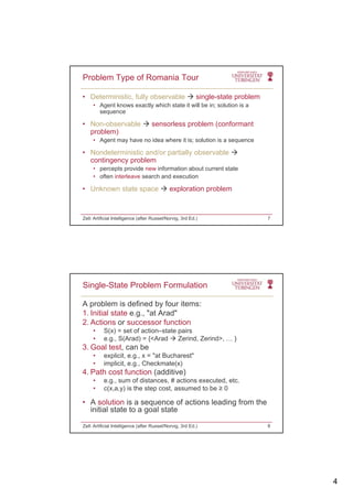 4
• Deterministic, fully observable  single-state problem
• Agent knows exactly which state it will be in; solution is a
sequence
Problem Type of Romania Tour
• Non-observable  sensorless problem (conformant
problem)
• Agent may have no idea where it is; solution is a sequence
• Nondeterministic and/or partially observable 
contingency problem
• percepts provide new information about current state
• often interleave search and execution
• Unknown state space  exploration problem
Zell: Artificial Intelligence (after Russel/Norvig, 3rd Ed.) 7
A problem is defined by four items:
1. Initial state e.g., "at Arad"
2. Actions or successor function
Single-State Problem Formulation
• S(x) = set of action–state pairs
• e.g., S(Arad) = {<Arad  Zerind, Zerind>, … }
3. Goal test, can be
• explicit, e.g., x = "at Bucharest"
• implicit, e.g., Checkmate(x)
4. Path cost function (additive)
• e g sum of distances # actions executed etc• e.g., sum of distances, # actions executed, etc.
• c(x,a,y) is the step cost, assumed to be ≥ 0
• A solution is a sequence of actions leading from the
initial state to a goal state
Zell: Artificial Intelligence (after Russel/Norvig, 3rd Ed.) 8
 