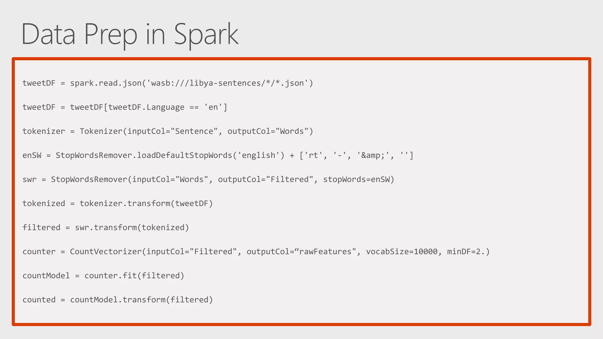 tweetDF = spark.read.json('wasb:///libya-sentences/*/*.json') tweetDF = tweetDF[tweetDF.Language == 'en'] tokenizer = Tokenizer(inputCol="Sentence", outputCol="Words") enSW = StopWordsRemover.loadDefaultStopWords('english') + ['rt', '-', '&amp;', ''] swr = StopWordsRemover(inputCol="Words", outputCol="Filtered", stopWords=enSW) tokenized = tokenizer.transform(tweetDF) filtered = swr.transform(tokenized) counter = CountVectorizer(inputCol="Filtered", outputCol=“rawFeatures", vocabSize=10000, minDF=2.) countModel = counter.fit(filtered) counted = countModel.transform(filtered) 