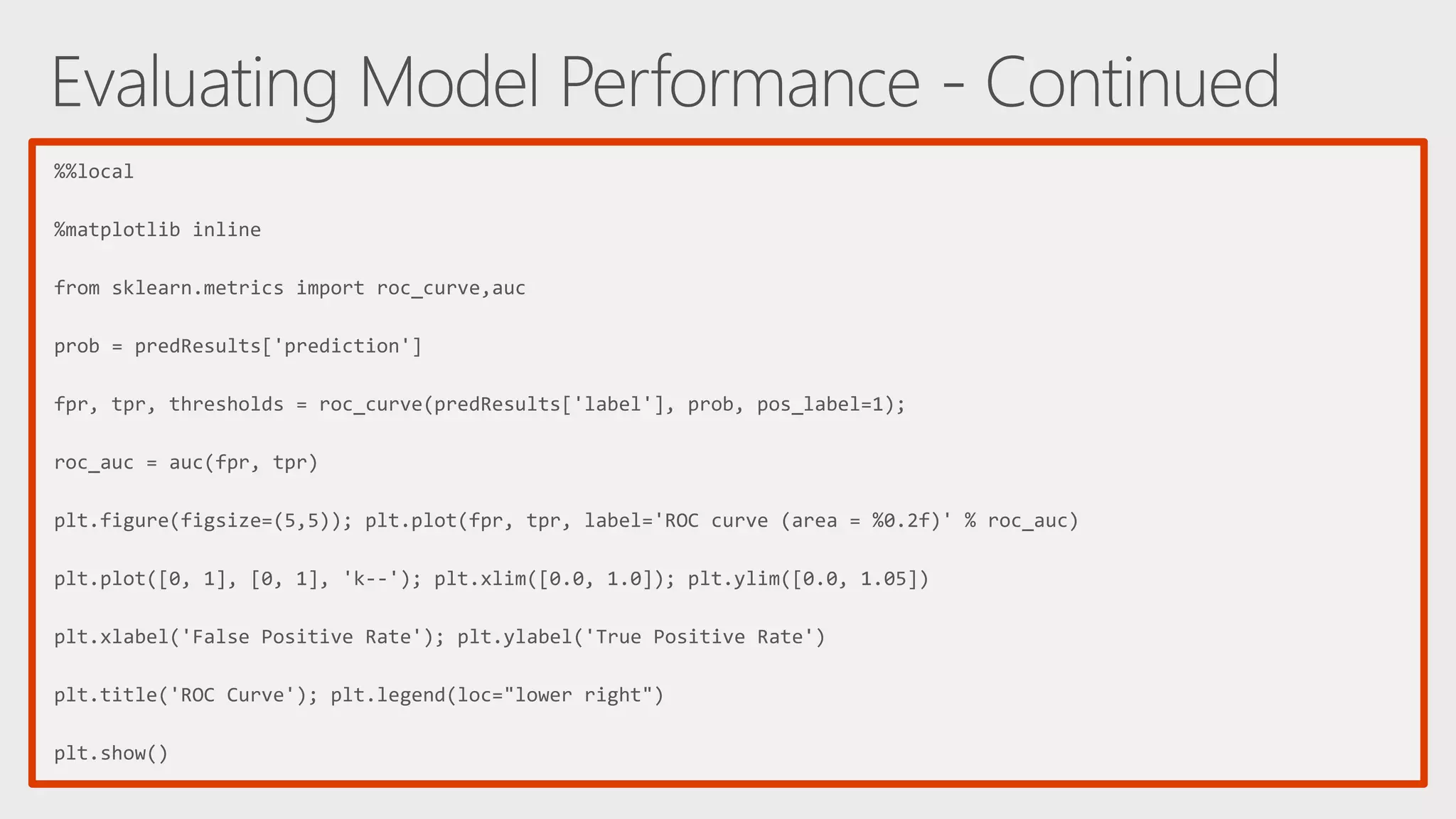 %%local %matplotlib inline from sklearn.metrics import roc_curve,auc prob = predResults['prediction'] fpr, tpr, thresholds = roc_curve(predResults['label'], prob, pos_label=1); roc_auc = auc(fpr, tpr) plt.figure(figsize=(5,5)); plt.plot(fpr, tpr, label='ROC curve (area = %0.2f)' % roc_auc) plt.plot([0, 1], [0, 1], 'k--'); plt.xlim([0.0, 1.0]); plt.ylim([0.0, 1.05]) plt.xlabel('False Positive Rate'); plt.ylabel('True Positive Rate') plt.title('ROC Curve'); plt.legend(loc="lower right") plt.show() 