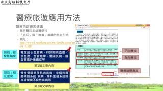 醫療旅遊應用方法
醫療旅遊專家建議
◦ 萬芳醫院家庭醫學科
◦ 「遊玩」與「療養」兼顧的旅遊形式
◦ 網址：
http://www1.wanfang.gov.tw/family/astm/kn
ow_3.htm
29
正向療效
負向療效
醫療旅遊專家
輕度的心血管病、I和II期高血壓、
低血壓、血管痙攣、雷諾氏病、腦
血管意外後遺症等
第1篇文章內容
慢性骨關節及肌肉疾病、中樞和周
圍神經系統 疾病、婦科生殖系統病、
皮膚營養不良性疾病等
第2篇文章內容
類別：碳
酸氫納泉
類別：硫
化氫泉
 