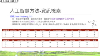 人工智慧方法-資訊檢索
詞頻(Term Frequency, TF)
◦ 在一份給定的檔案裡，詞頻指的是某一個給定的詞語在該檔案中出現的頻率
◦ 這個數字是對詞數的正規化，以防止它偏向長的檔案
◦ 假設第i篇文章第j個字詞共出現cij次，第i篇文章共有ni個字詞，第i篇文章第j個字詞詞頻tij為
8
文章編號 machine learn give the system of computer ability to with data mine
1 1 2 1 2 1 1 1 1 1 1 1 0
2 1 1 0 1 0 1 0 0 0 0 2 1
3 0 0 0 3 0 2 2 0 0 0 0 0
文章編號 be process discover pattern base on science study theory for design 總和
1 0 0 0 0 0 0 0 0 0 0 0 13
2 1 1 1 1 1 1 0 0 0 0 0 13
3 1 0 0 0 0 0 1 1 1 1 1 13

 iN
j
ij
ij
ij
n
n
t
1
 