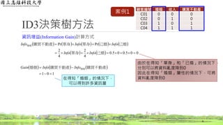 ID3決策樹方法
資訊增益(Information Gain)計算方式
8
顧客編號 婚姻 收入 購買不動產
C01 0 0 0
C02 0 1 0
C03 1 0 1
C04 1 1 1
         
    005.005.0
4
2
4
2
PrPr


已婚單身
已婚已婚單身單身購買不動產婚姻
InfoInfo
InfoInfoInfo
     
101 
 購買不動產購買不動產婚姻 婚姻InfoInfoGain
由於在得知「單身」和「已婚」的情況下，
分別可以將資料亂度降到0
因此在得知「婚姻」屬性的情況下，可將
資料亂度降到0在得知「婚姻」的情況下，
可以得到許多資訊量
案例1
 