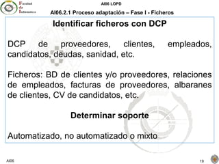 AI06 LOPD
AI06 19
AI06.2.1 Proceso adaptación – Fase I - Ficheros
Identificar ficheros con DCP
DCP de proveedores, clientes, empleados,
candidatos, deudas, sanidad, etc.
Ficheros: BD de clientes y/o proveedores, relaciones
de empleados, facturas de proveedores, albaranes
de clientes, CV de candidatos, etc.
Determinar soporte
Automatizado, no automatizado o mixto
 