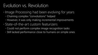 Evolution vs. Revolution
 Image Processing had been evolving for years
 Chaining complex “convolutions” helped
 However, it was only making incremental improvements
 State-of-the-art custom featurizers
 Could not perform complex image recognition tasks
 Still lacked performance close to humans on simple ones
 