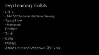 Deep Learning Toolkits
 CNTK
 1-bit SGD for better distributed training
 TensorFlow
 Momentum
 Chainer
 Torch
 Caffe
 MXNet
 Azure Linux and Windows GPU VMs
 