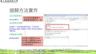 迴歸方法實作
#設定亂數種子
set.seed(1)
#訓練線性迴歸
model <- neuralnet(Future ~ Current,
training_data, hidden=c(0), linear.output =
TRUE)
#繪製線性迴歸
plot(model)
45
設定固定的亂數種子，
讓權重初始值可以一致
設定輸出參數為Future
設定輸入參數為Current
設定隱藏層為0個神經元
採用線性函式
 