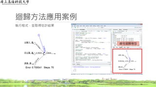 迴歸方法應用案例
執行程式，並取得估計結果
59
線性迴歸模型
 