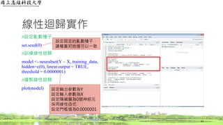 線性迴歸實作
#設定亂數種子
set.seed(0)
#訓練線性迴歸
model <- neuralnet(Y ~ X, training_data,
hidden=c(0), linear.output = TRUE,
threshold = 0.0000001)
#繪製線性迴歸
plot(model)
23
設定固定的亂數種子，
讓權重初始值可以一致
設定輸出參數為Y
設定輸入參數為X
設定隱藏層為0個神經元
採用線性函式
設定門檻值為0.0000001
 