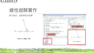 線性迴歸實作
執行程式，並取得估計結果
26
估計結果
線性迴歸模型
 