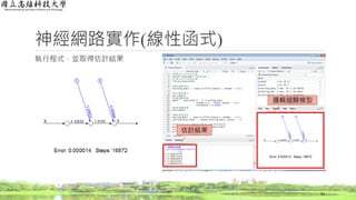 神經網路實作(線性函式)
執行程式，並取得估計結果
51
估計結果
邏輯迴歸模型
 
