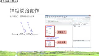 神經網路實作
執行程式，並取得估計結果
32
估計結果
權重組合
-3.189 -3.223
 