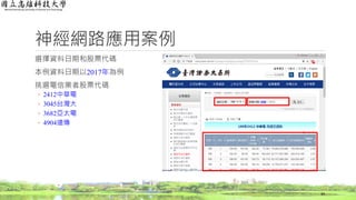 神經網路應用案例
選擇資料日期和股票代碼
本例資料日期以2017年為例
挑選電信業者股票代碼
◦ 2412中華電
◦ 3045台灣大
◦ 3682亞太電
◦ 4904遠傳
34
 