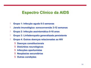 Espectro Clínico da AIDS Grupo 1: Infecção aguda 0-3 semanas Janela imunológica: soroconversão 3-12 semanas Grupo 2: Infecção assintomática 0-10 anos Grupo 3: Linfadenopatia generalizada persistente Grupo 4: Outras doenças relacionadas ao HIV Doenças constitucionais Distúrbios neurológicos Infecções oportunistas Neoplasias secundárias Outras condições 