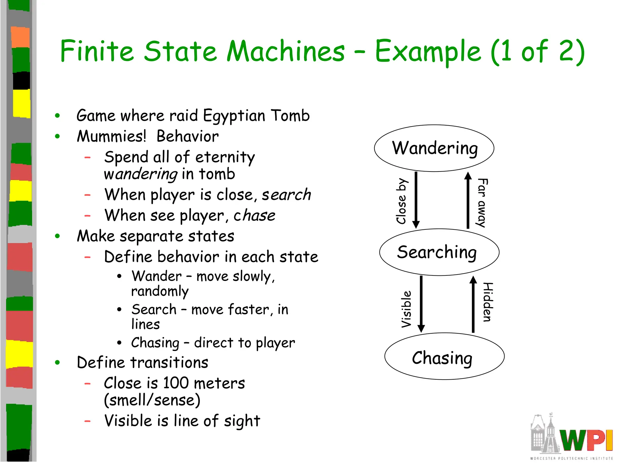 Finite State Machines – Example (1 of 2)
• Game where raid Egyptian Tomb
• Mummies! Behavior
– Spend all of eternity
wandering in tomb
– When player is close, search
– When see player, chase
• Make separate states
– Define behavior in each state
• Wander – move slowly,
randomly
• Search – move faster, in
lines
• Chasing – direct to player
• Define transitions
– Close is 100 meters
(smell/sense)
– Visible is line of sight
Wandering
Searching
Chasing
Close
by
Visible
Far
away
Hidden
 