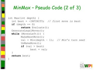 MinMax – Pseudo Code (2 of 3)
int Max(int depth) {
int best = -INFINITY; // first move is best
if (depth == 0)
return Evaluate();
GenerateLegalMoves();
while (MovesLeft()) {
MakeNextMove();
val = Min(depth – 1); // Min’s turn next
UnMakeMove();
if (val > best)
best = val;
}
return best;
}
 