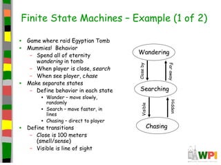 Finite State Machines – Example (1 of 2)
• Game where raid Egyptian Tomb
• Mummies! Behavior
– Spend all of eternity
wandering in tomb
– When player is close, search
– When see player, chase
• Make separate states
– Define behavior in each state
• Wander – move slowly,
randomly
• Search – move faster, in
lines
• Chasing – direct to player
• Define transitions
– Close is 100 meters
(smell/sense)
– Visible is line of sight
Wandering
Searching
Chasing
Close
by
Visible
Far
away
Hidden
 