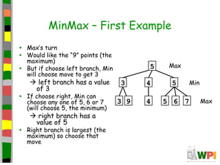 MinMax – First Example
• Max’s turn
• Would like the “9” points (the
maximum)
• But if choose left branch, Min
will choose move to get 3
 left branch has a value
of 3
• If choose right, Min can
choose any one of 5, 6 or 7
(will choose 5, the minimum)
 right branch has a
value of 5
• Right branch is largest (the
maximum) so choose that
move
5
3 4 5
3 9 4 6 7
5
Max
Min
Max
 
