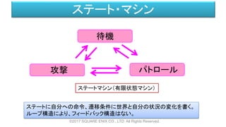 ステート・マシン
ステートマシン（有限状態マシン）
ステートに自分への命令、遷移条件に世界と自分の状況の変化を書く。
ループ構造により、フィードバック構造はない。
待機
攻撃 パトロール
©2017 SQUARE ENIX CO., LTD. All Rights Reserved.
 