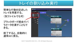 トレイの割り込み実行
©2017 SQUARE ENIX CO., LTD. All Rights Reserved.
ブラックボード経由でパ
ラメータを渡すこともで
きる。
簡単な行動を記述した
トレイを用意する。
（別ファイルでも可）
終了すると、自動的に
通常AIに戻る。
 