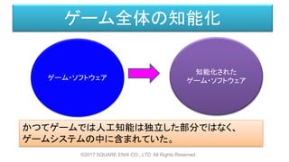 ゲーム全体の知能化
ゲーム・ソフトウェア
知能化された
ゲーム・ソフトウェア
かつてゲームでは人工知能は独立した部分ではなく、
ゲームシステムの中に含まれていた。
©2017 SQUARE ENIX CO., LTD. All Rights Reserved.
 