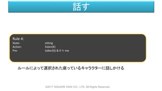 話す
©2017 SQUARE ENIX CO., LTD. All Rights Reserved.
Rule 4:
State: sitting
Action: listen(X)
Pre: talker(X) & X != me
ルールによって選択された座っているキャラクターに話しかける
 