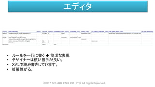 エディタ
©2017 SQUARE ENIX CO., LTD. All Rights Reserved.
The complete script for the conversation example:
• ルールを一行に書く  簡潔な表現
• デザイナーは使い勝手が良い。
• XMLで読み書きしています。
• 拡張性がる。
 