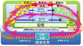 知能の世界
環境世界
認識の
形成
記憶
意思の
決定
身体
制御
エフェクター・
身体
運動の
構成
センサー・
身体
意思決定
モジュール
意思決定
モジュール
意思決定
モジュール
対象・
現象
情報の流れ（インフォメーション・フロー）
影響を与える影響を受ける
©2017 SQUARE ENIX CO., LTD. All Rights Reserved.
記憶
 